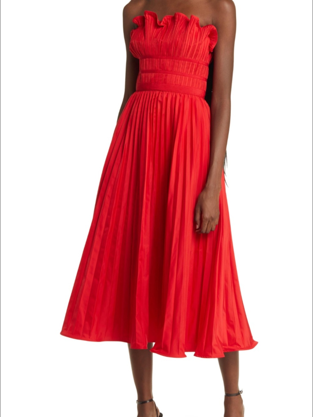 Moon River Strapless Ruffle Bodice Midi Dress in Red